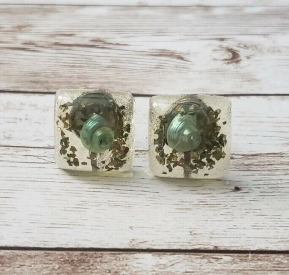 Vintage Screw On Earrings - Green Shell Square